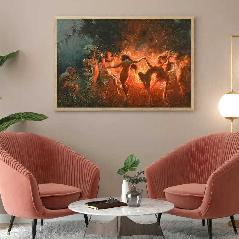 toile d'art contemporaine peinture abstraite figures humaines dansantes vert foncé orange rouge noir beige