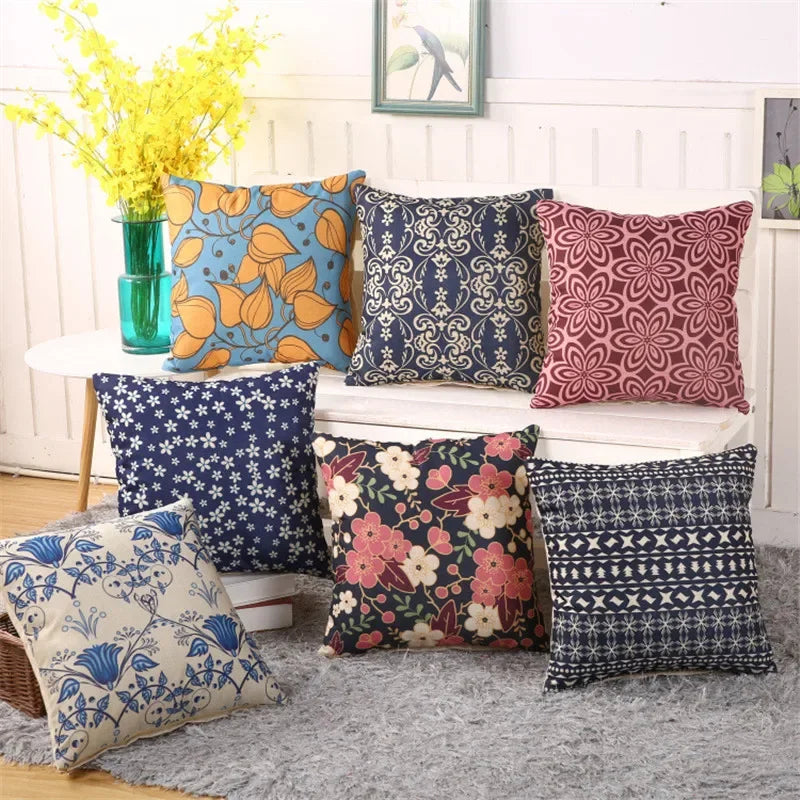 housse coussin carrée coton lin motif floral géométrique décoratif canapé fauteuil maison 45x45cm