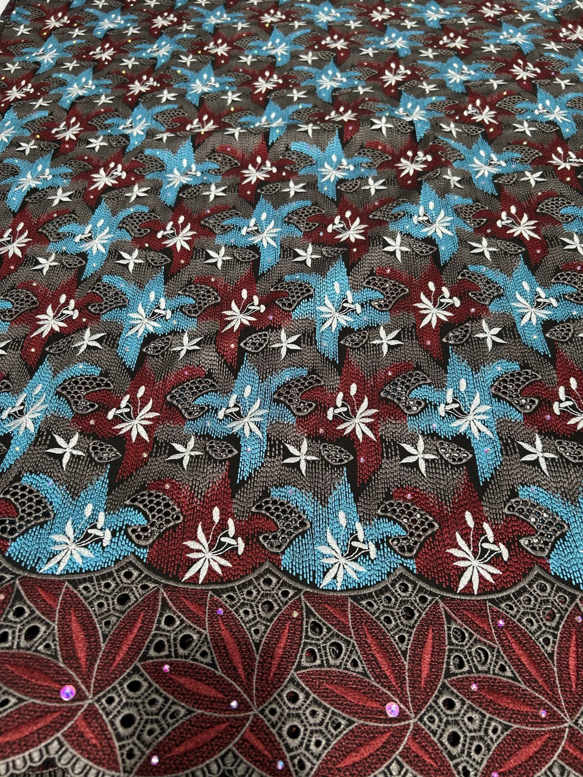 tissu coton dentelle voile party robe ethnique brodé strass fleurs gris rouge bleu blanc