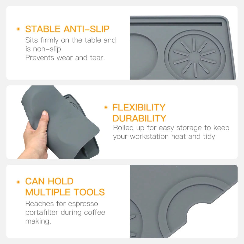 tapis rangement outils gris noir anti dérapant silicone brosse tamper distributeur portafiltre art latte