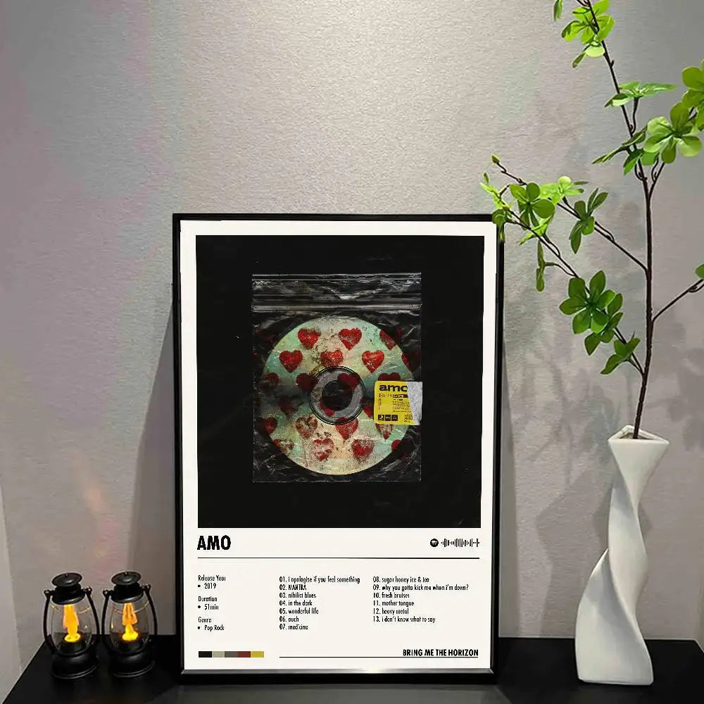 affiche vinyle coeurs rouges transparent moderne minimaliste logos AMO BMTH chambre décoration