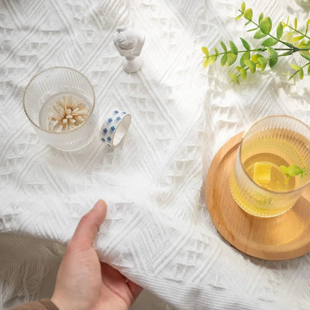 nappe rectangulaire imperméable motif géométrique franges bohème rustique verte blanche grise table basse pique