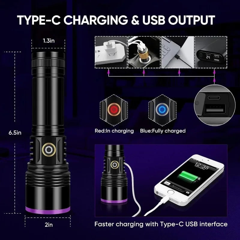 lampe torchon uv rechargeable led noire violette indicateur charge type