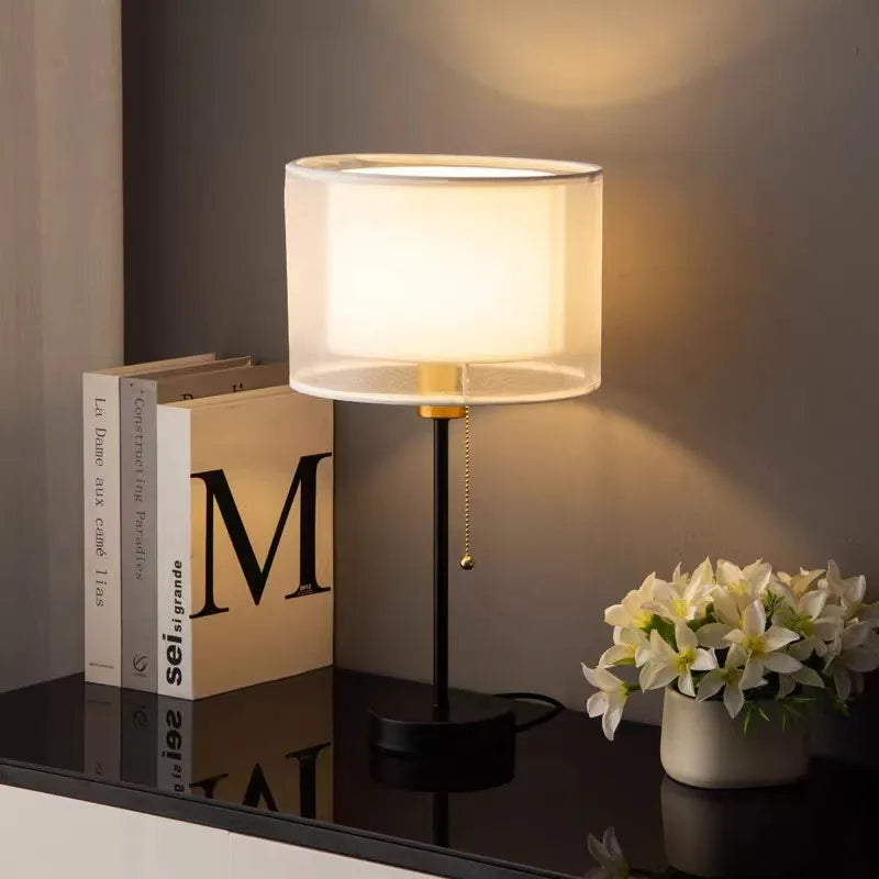 lampe table moderne noir doré tissu abat jour interrupteur led salon chambre