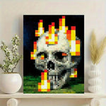 cadre mural moderne pixel art crâne flammes noir rouge salon chambre coucher graphique bois