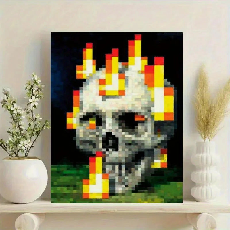 cadre mural moderne pixel art crâne flammes noir rouge salon chambre coucher graphique bois