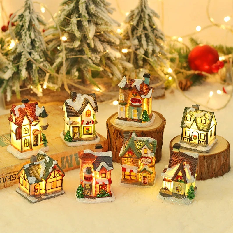 décorations noël miniatures maison bois naturel rustique vintage porte fenêtre led