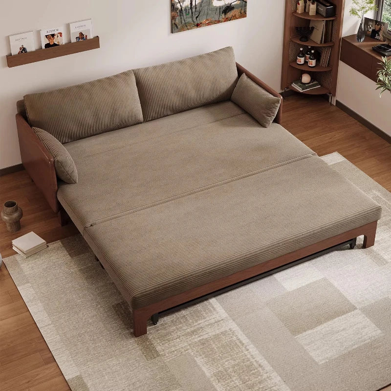 canapé lit marron clair rayures horizontales moderne extensible coussins multifonctionnel