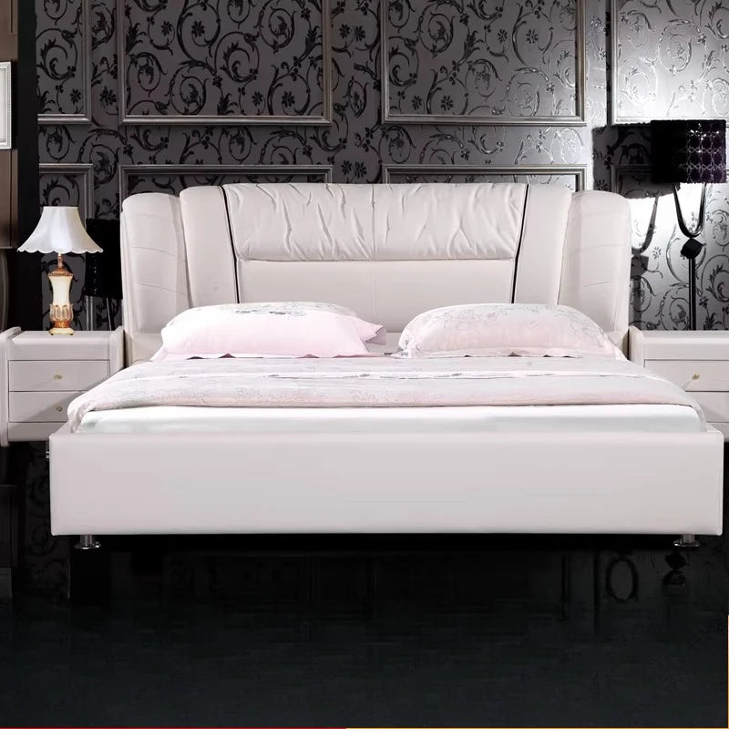 lit blanc simili cuir moderne tête lit rangement table chevet tiroirs chambre bois