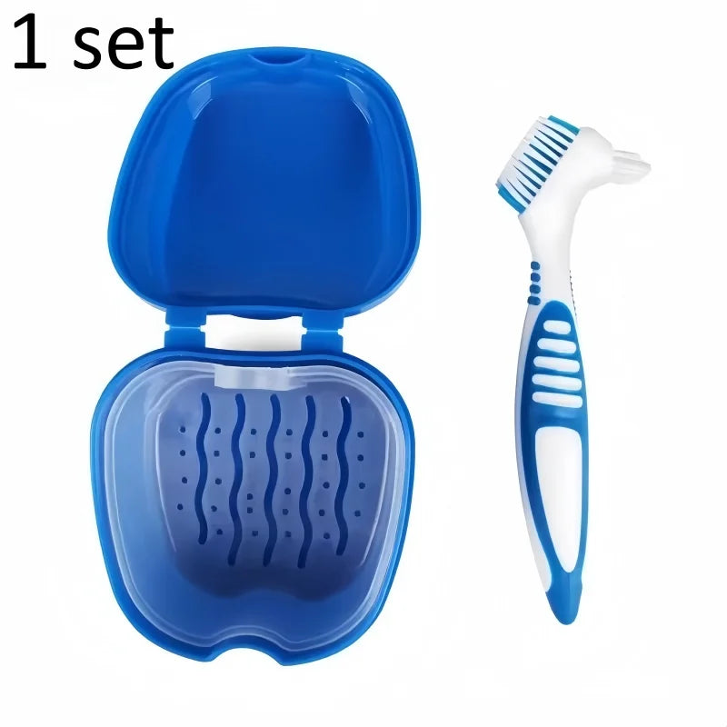 brosse dents conteneur prothèse dentaire bleu blanc moderne pratique hygiène buccale set accessoire santé