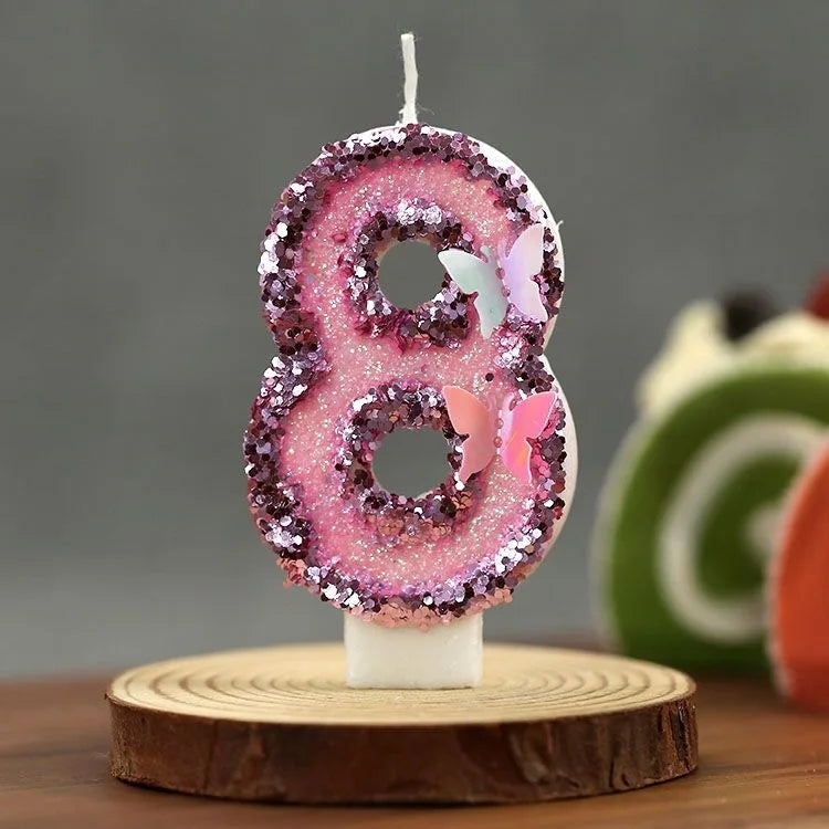 bougies numéraires pailletées rose violet blanc papillons relief décoration fil fixe anniversaire saint valentin