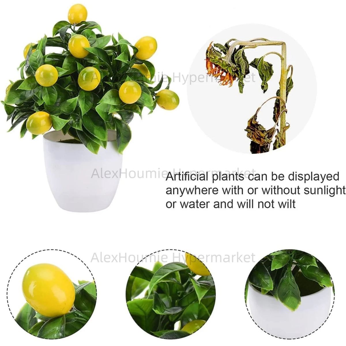 plante artificielle bonsaï feuilles vertes fruits jaunes pot blanc antiderapante exterieur intérieur exposition