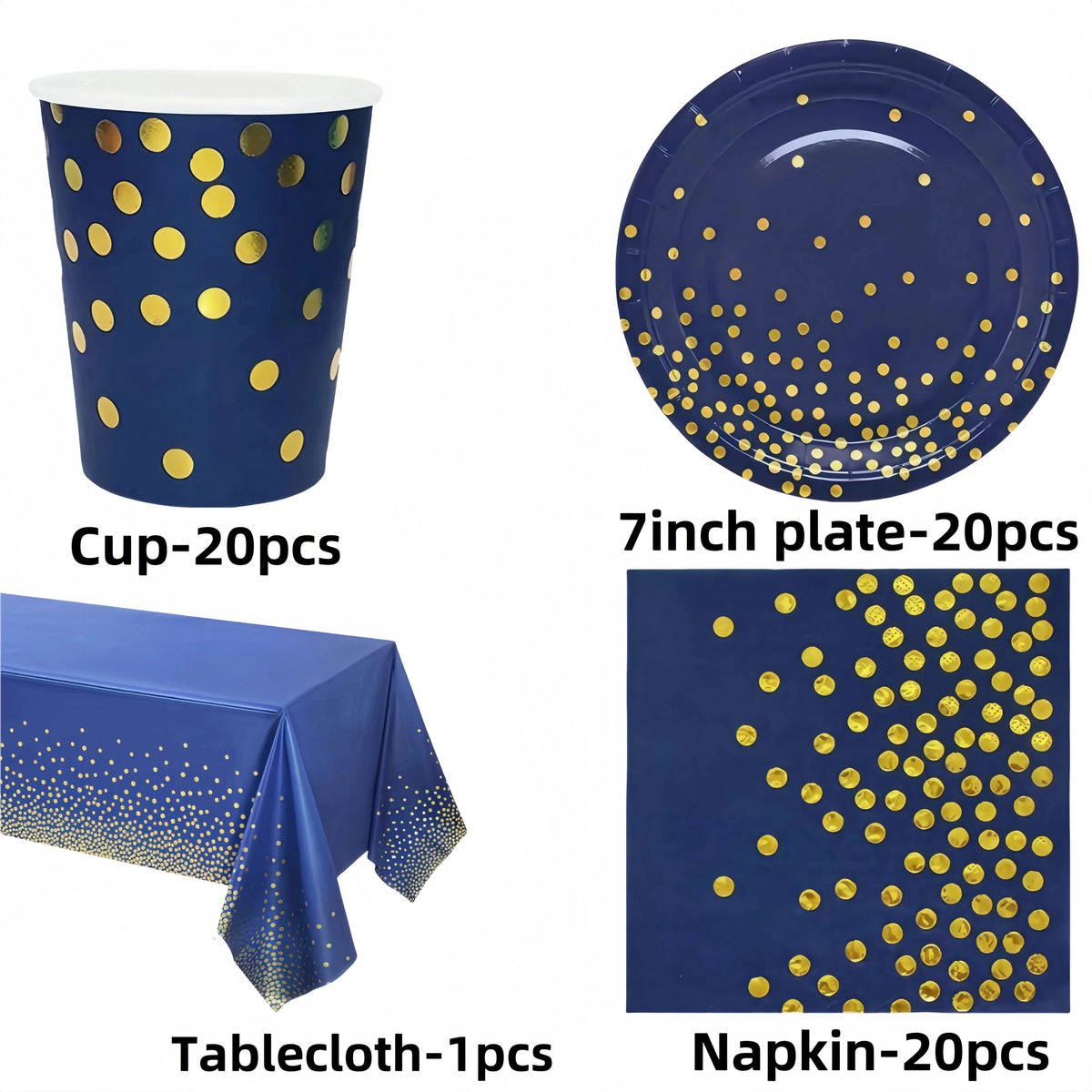 vaisselle jetable moderne assiettes bleu marine fourchette cuillère nappe dorée points festif