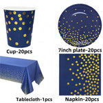 vaisselle jetable moderne assiettes bleu marine fourchette cuillère nappe dorée points festif