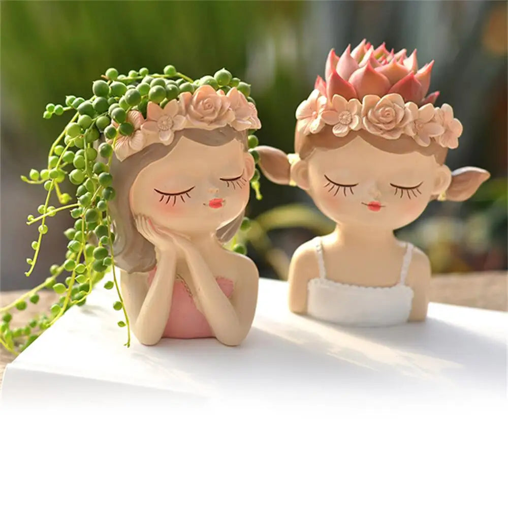 figurines décoratives cartoon fleurs reliefs cheveux stylisés plante succulente verte rose beige