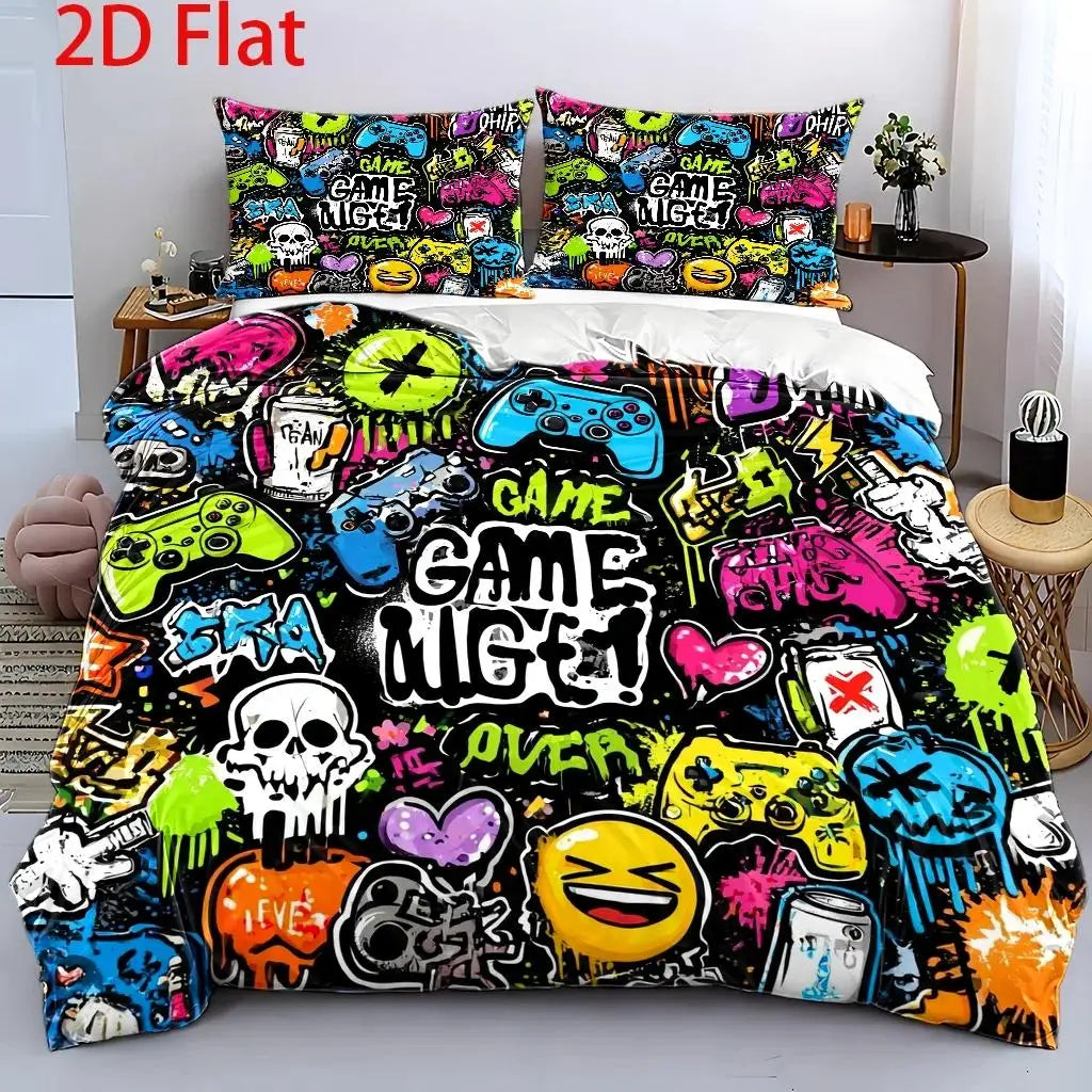 housse couette motif graffiti gamer noir vert jaune rose orange