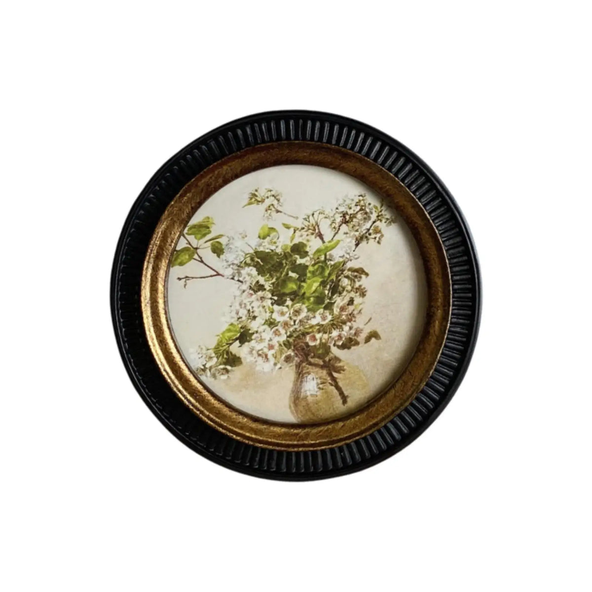 cadre photo rond rétro texturé noir or bouquet fleurs vintage decoration maison floral beige