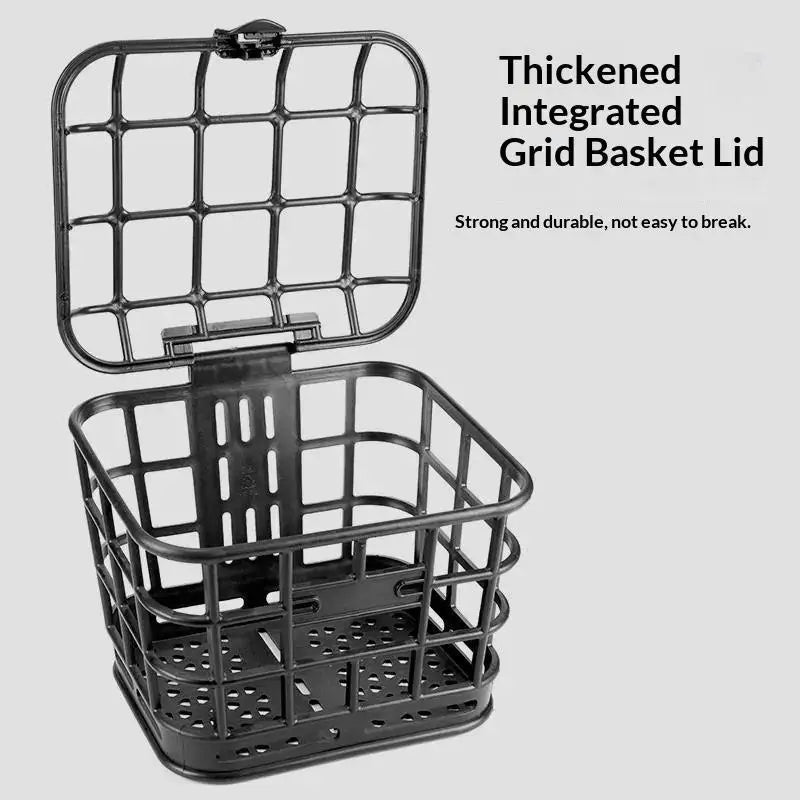 panier avant vélo électrique noir structure grille couvercle poignée fixations utilitaire rangement sac plastique