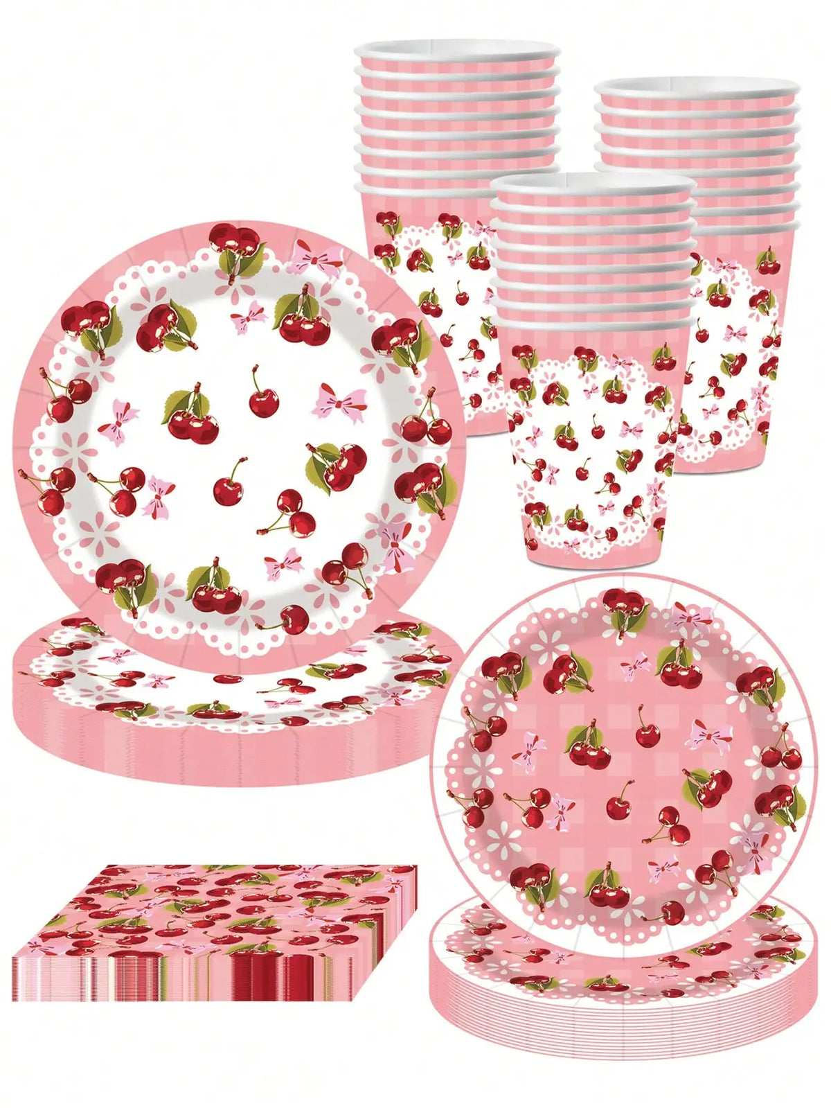 assiettes serviettes verres nappe fête anniversaire enfants école nouvelle année romantique vintage cerises fleurs