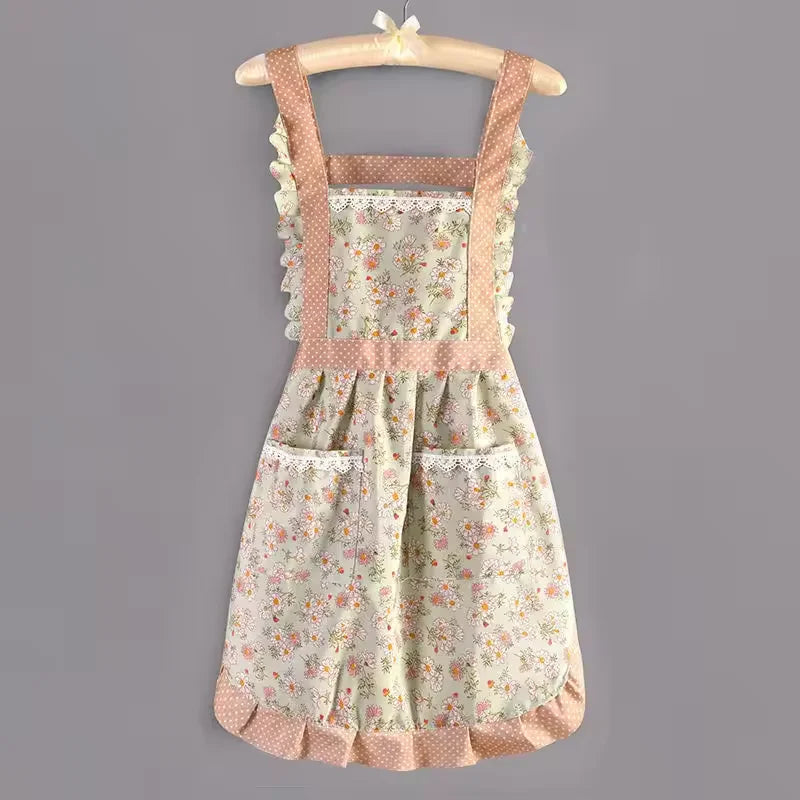 tablier cuisine fleurs marguerites rose rustique bretelles réglables poches volants