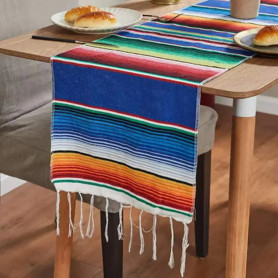 nappe mexicain rayées franges colorées maison carnaval festive 35x210cm polyester coton