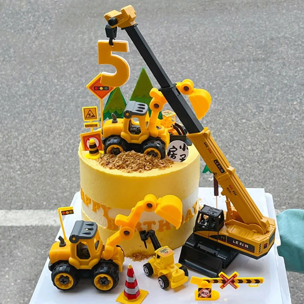 décoration gâteau anniversaire enfant construction tracteur excavatrice bulldozer panneaux signalisation jaune noir