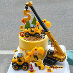 décoration gâteau anniversaire enfant construction tracteur excavatrice bulldozer panneaux signalisation jaune noir