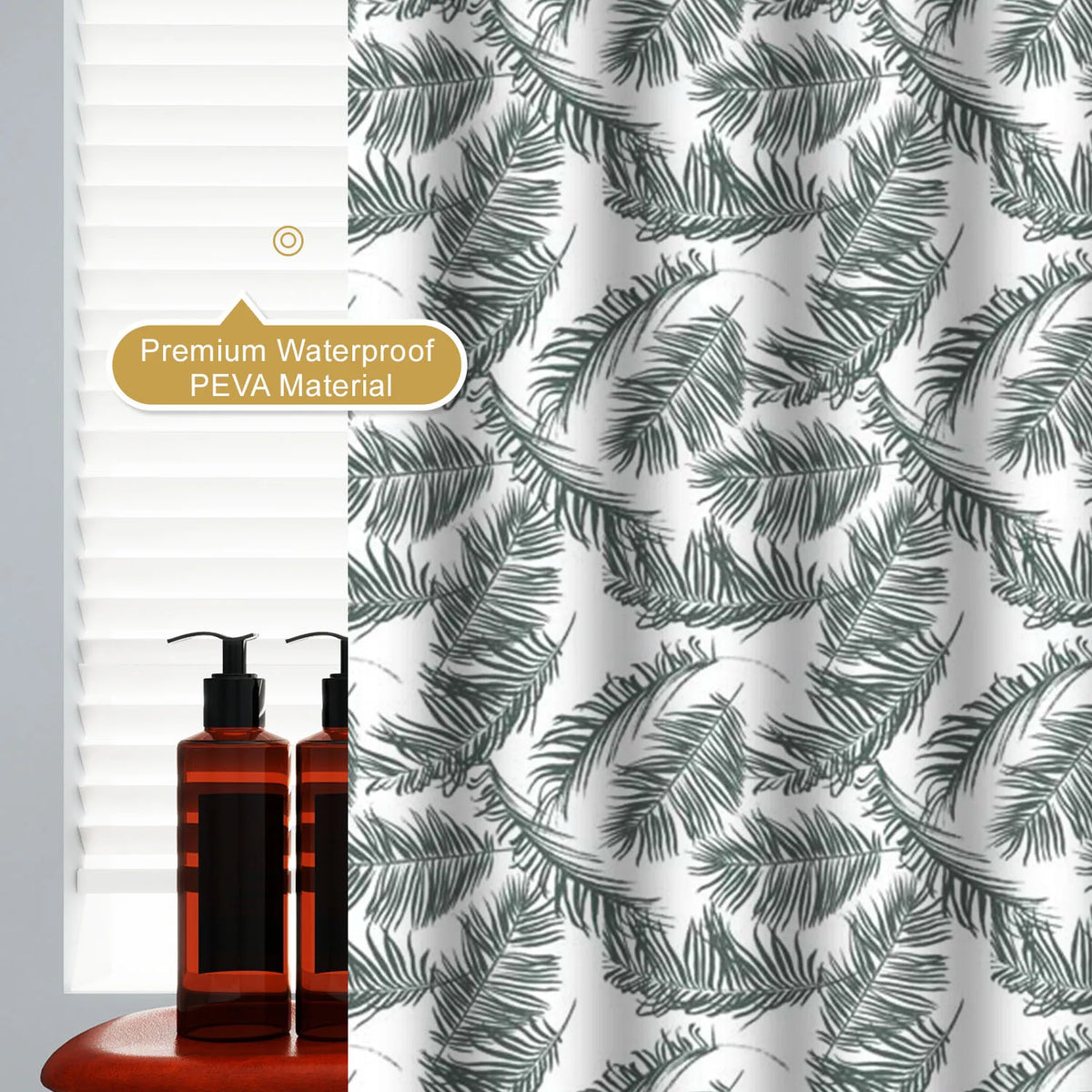 rideau douche moderne feuilles palmier blanc vert respectueux environnement anneau toilette