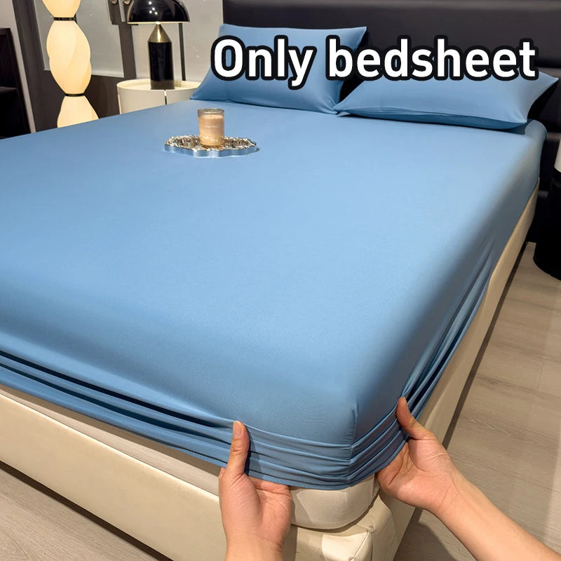 drap housse matelas soie glacée respirant frais été doux coton uni bleu gris moderne