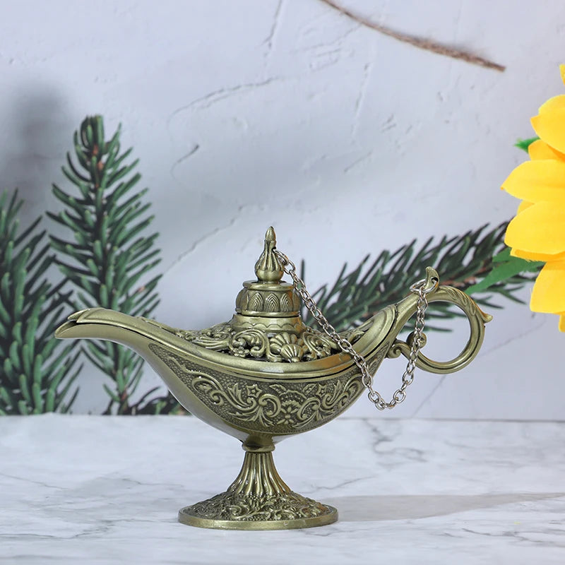 lampe huile bronze ornements floraux artisanale chaîne support traditionnelle métal