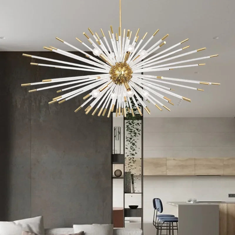 Suspension lumineuse moderne or blanc rayons transparents chambre salon étude hall led warm white