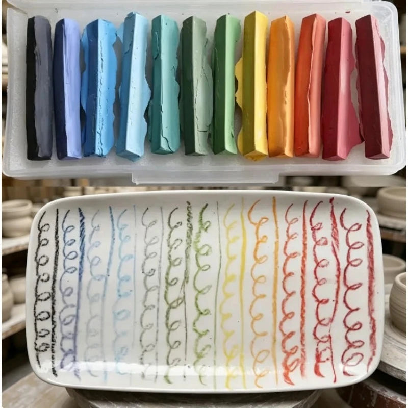 crayons sous glaçure céramique 12 couleurs boîte pastel coloriage artisanat poterie classique bleu vert