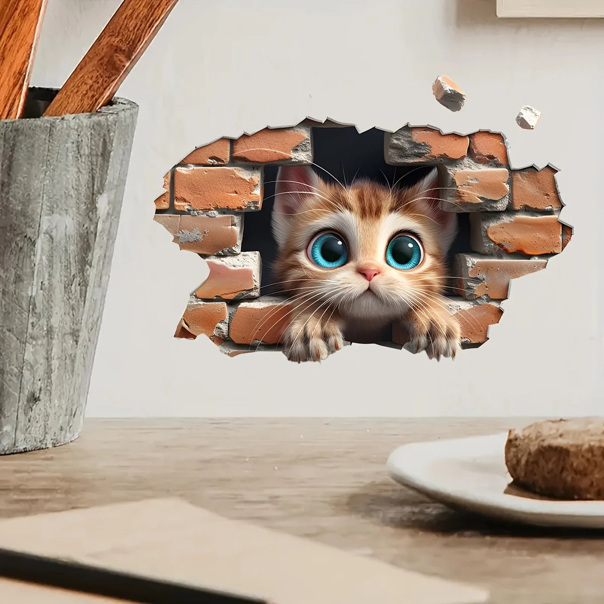 sticker decoratif chat 3d brique brise mur orange marron blanc bleu adhesif 20x30cm
