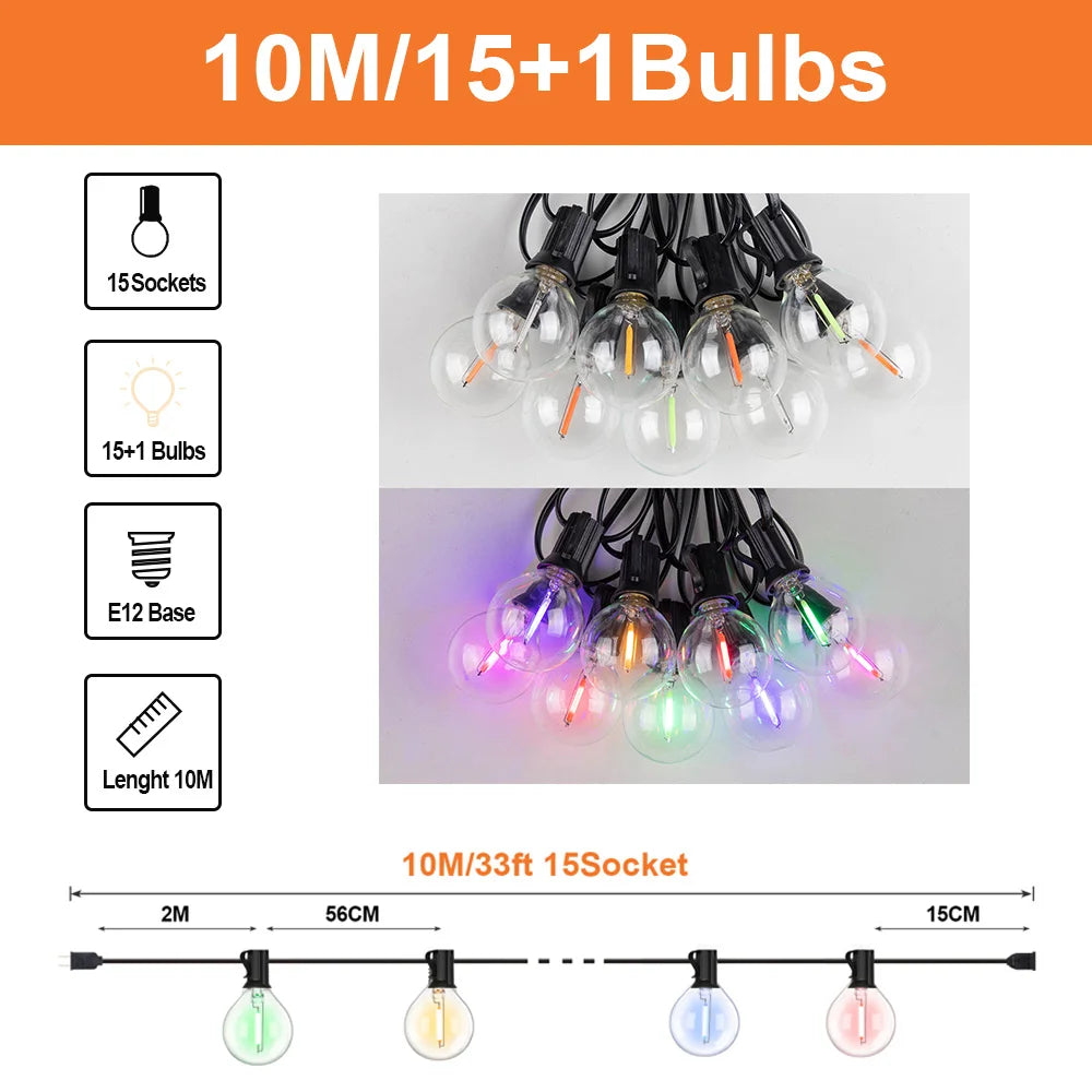 guirlande lumineuse extérieure globes multicolores transparents vintage 10m 15m 20m led rgb imperméable