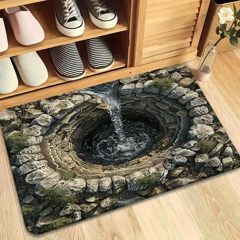 tapis d'illusion d'optique 3d effet puits profond gris beige vert entrée salon