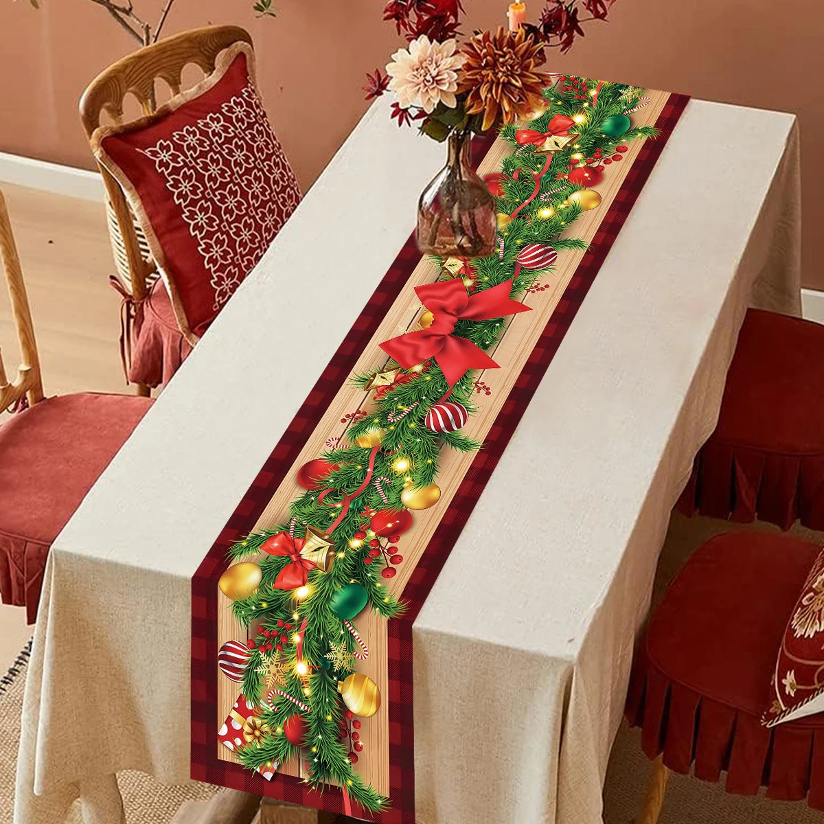 table noel chemin blanc motif flocon renne decoration festive polyester