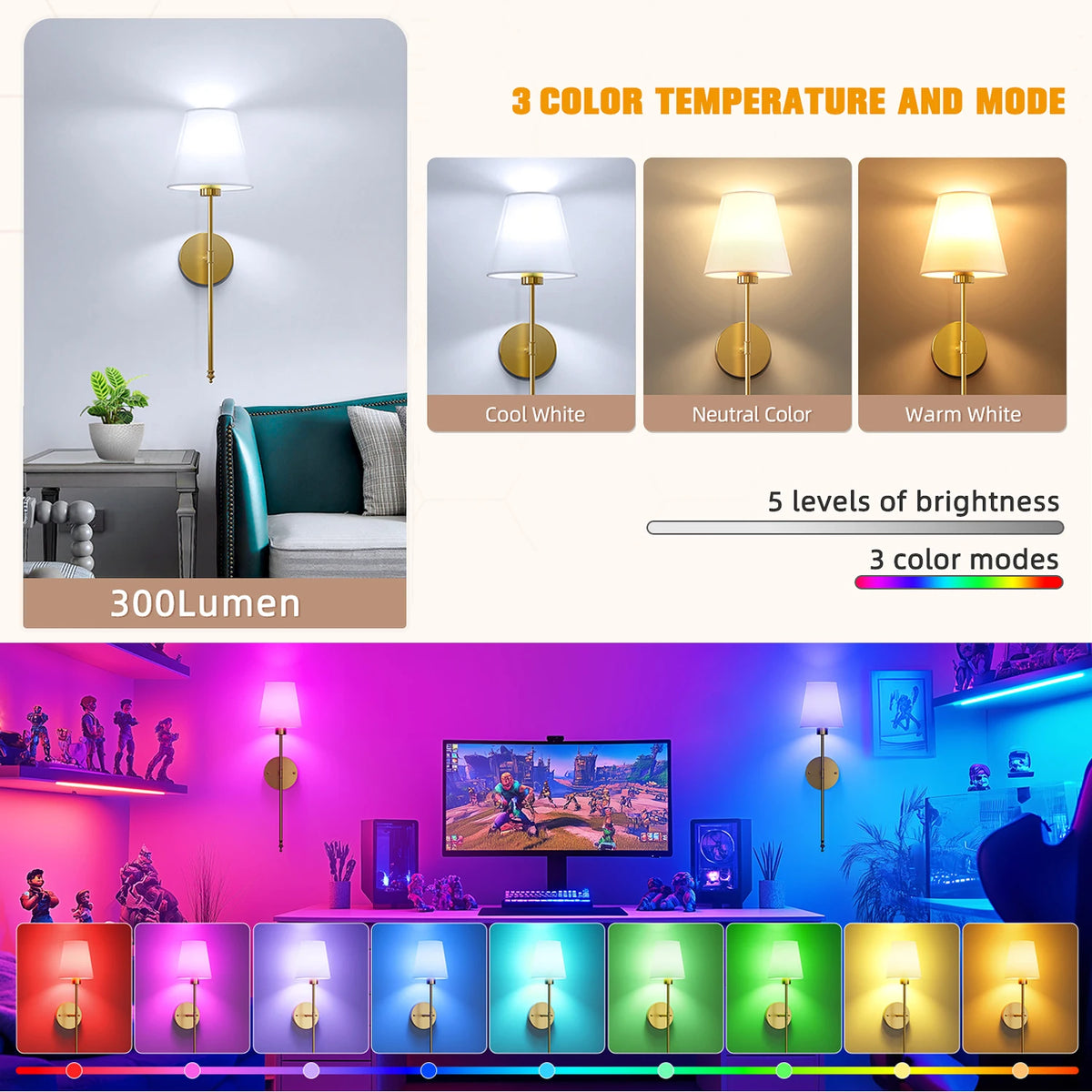 lampe murale moderne or blanc rechargeable rgb vis minimaliste led abatjour