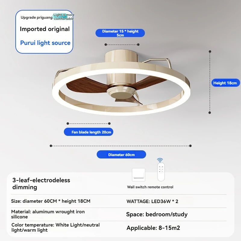 ventilateur blanc noyer moderne led télécommande lumière chaude chambre restaurant