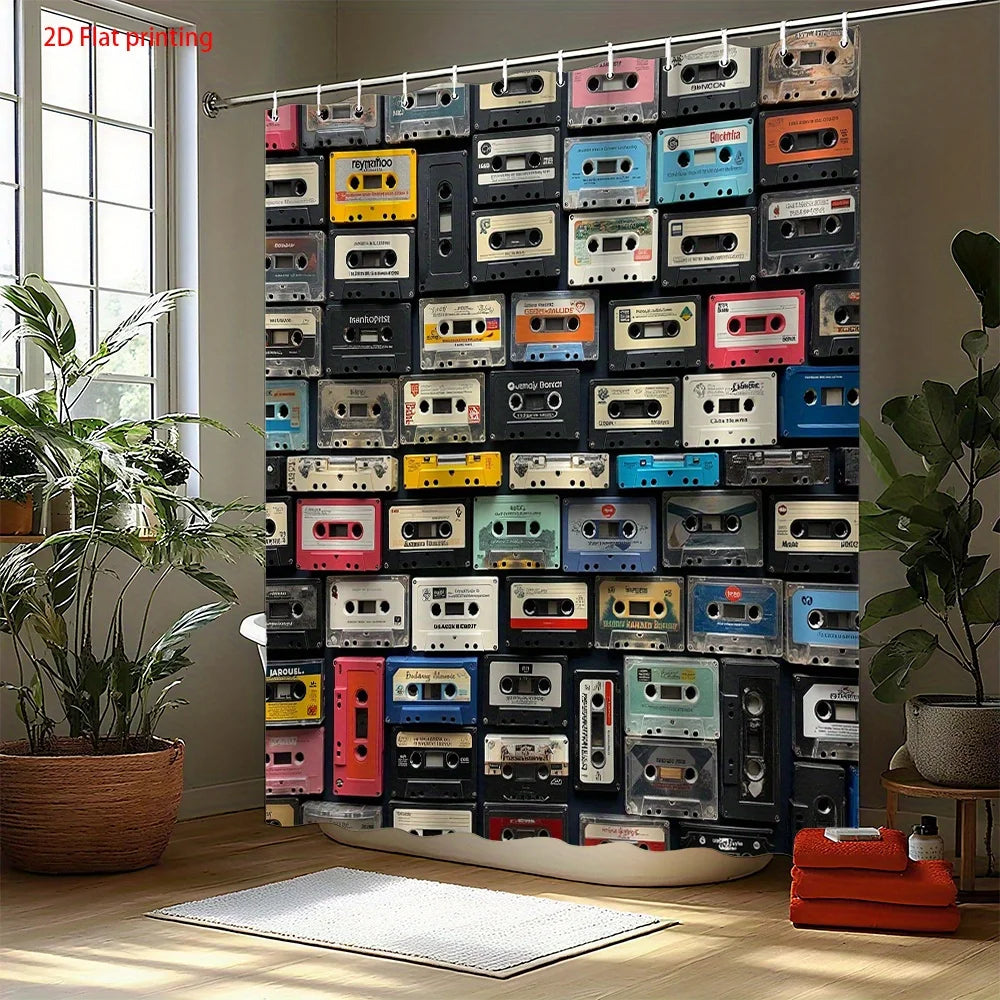 rideau douche rétro motif cassettes audio multicolore polyester opacité crochets métalliques vintage 180x180cm machine