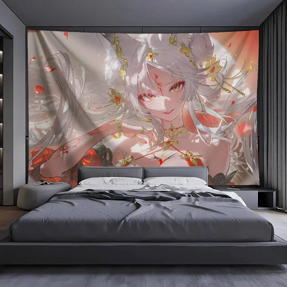 tapisserie murale art numérique anime femme cheveux blancs accessoires dorés détails floraux 100x150cm 150x200cm