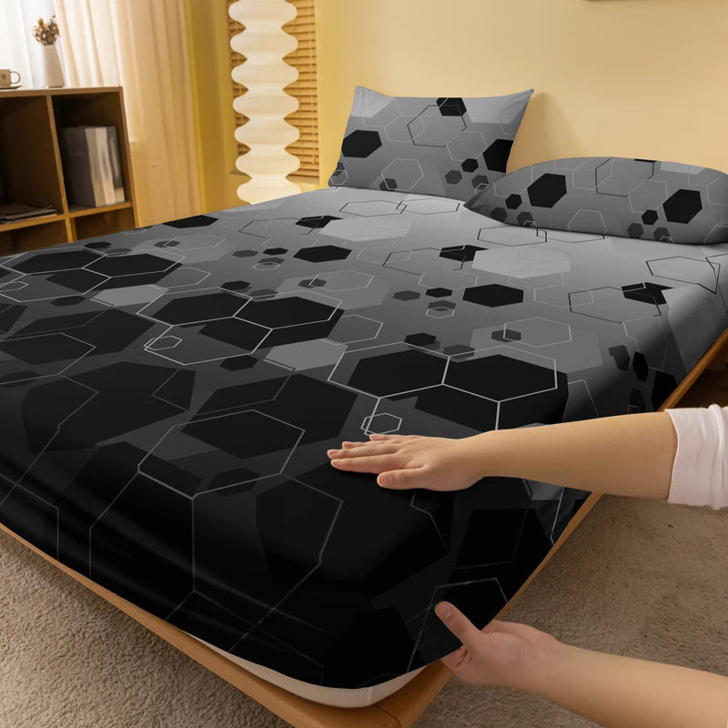 drap plat géométrique moderne noir gris hexagones polyester lit chambre coucher