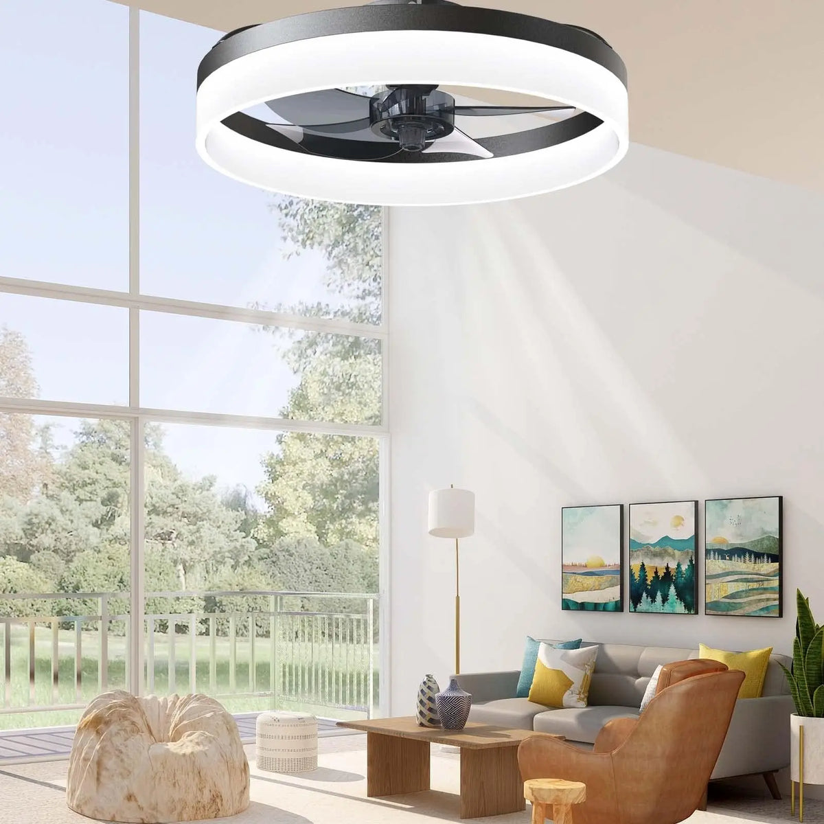 ventilateur led moderne noir blanc pales télécommande vitesses lumens 5000