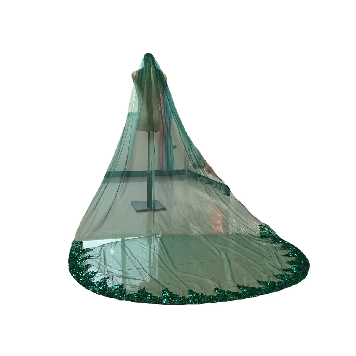 voile mariée vert sequins bordure perlée transparent classique tulle polyester