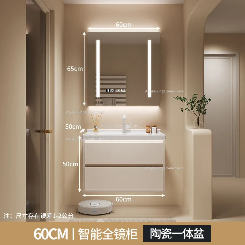 meuble salle bain moderne évier tiroirs beige clair miroir lumineux tapis motifs cosmétiques dorés