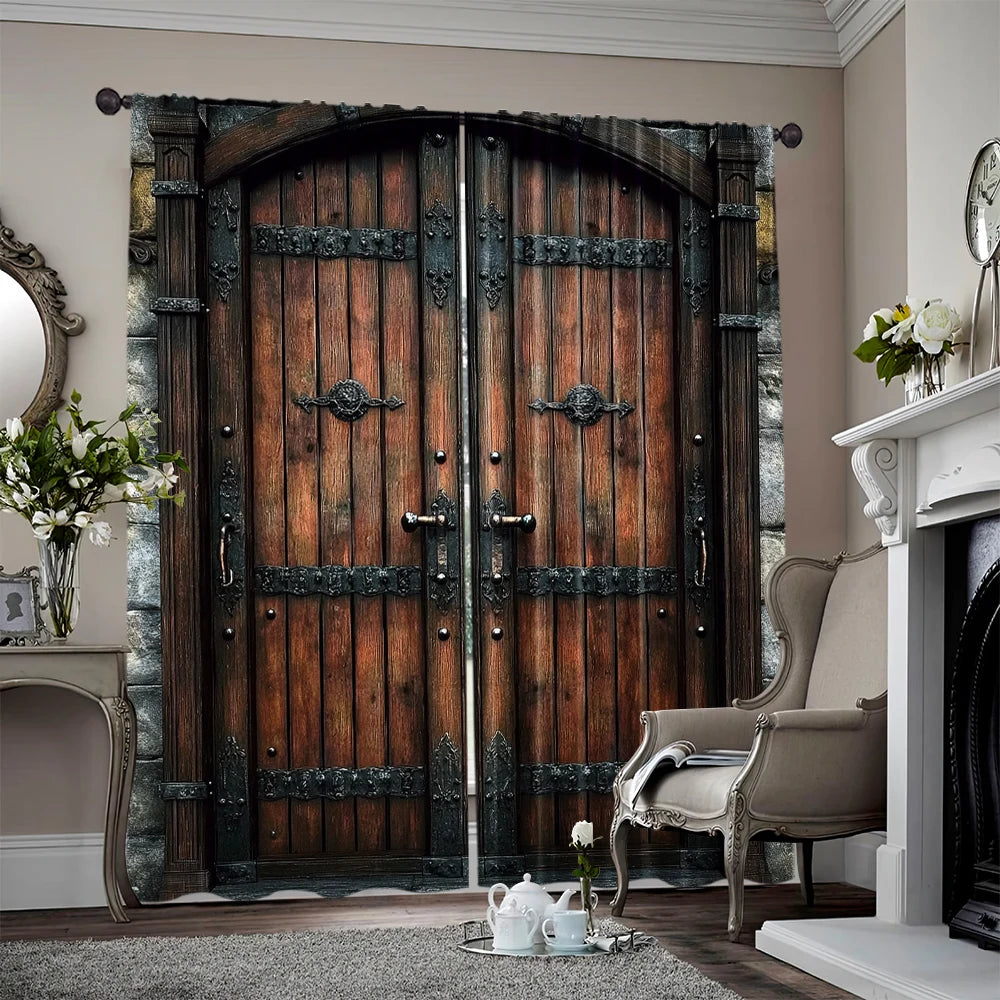 rideaux vintage polyester imitation bois fer porte médiéval gris marron noir beigesDecorationFantastiquePanneaux2Pcs