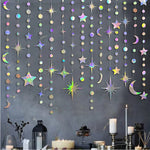 guirlande décorative multicolore stars lunes cercles effet holographique iridescent enfantin cosmique festif