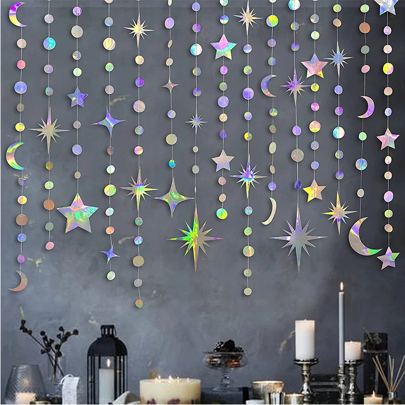 guirlande décorative multicolore stars lunes cercles effet holographique iridescent enfantin cosmique festif