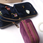 porte bijoux velours violet bleu marine classique glissière cartes billets cosmétique voyage
