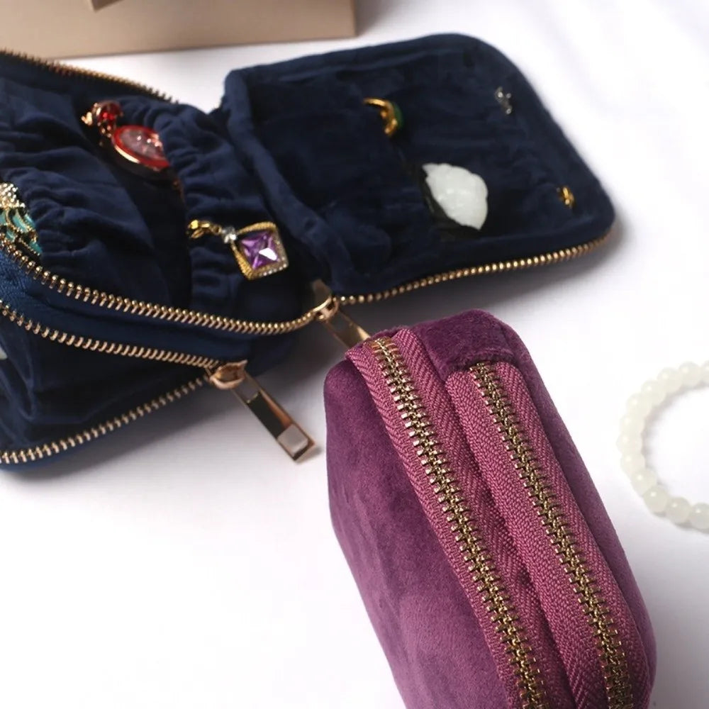 porte bijoux velours violet bleu marine classique glissière cartes billets cosmétique voyage