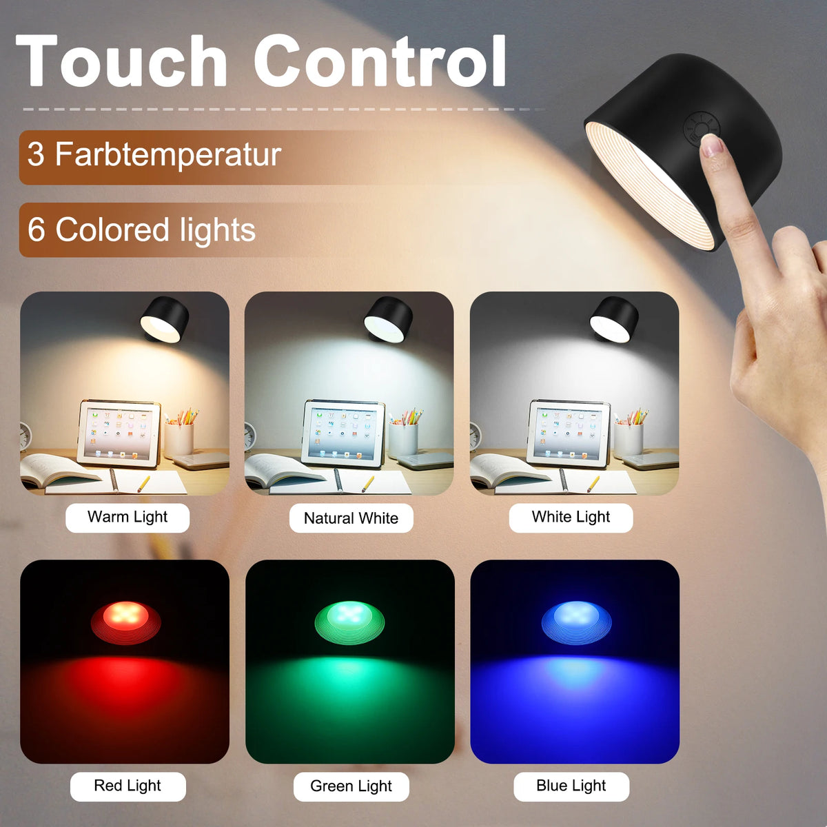 lampe led tactile noire rotation 360° couleurs changeables télécommande moderne minimaliste